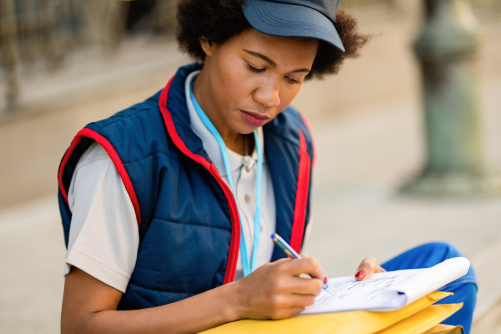 black delivery woman filling paperwork while sitting city street